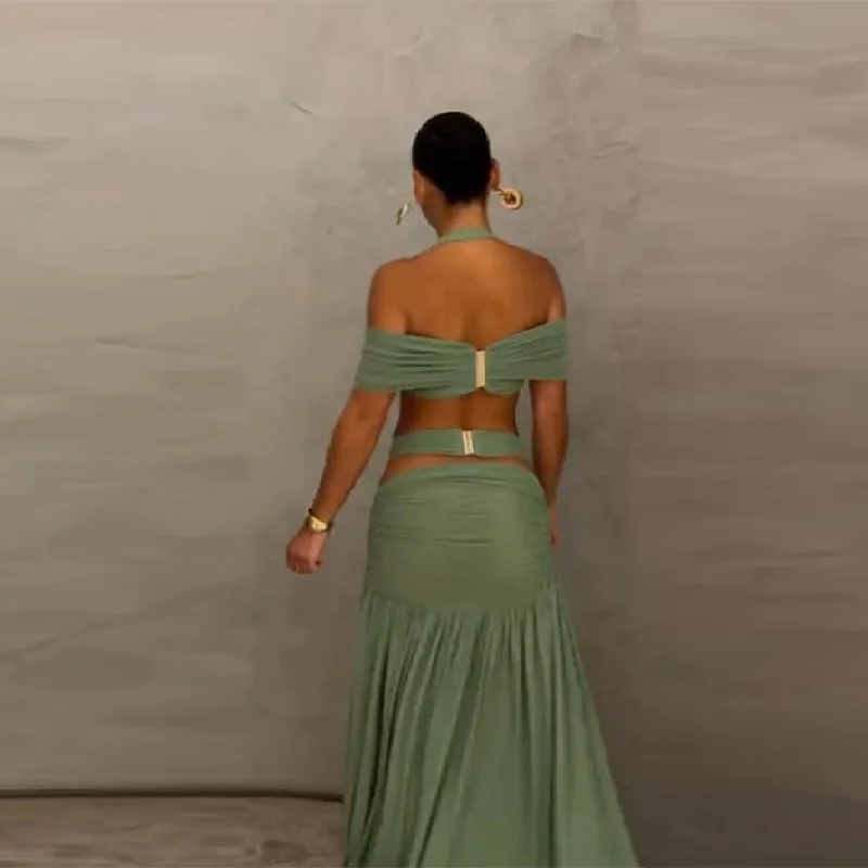 Nouvelle Robe Longue Moulante Sexy Verte à Bretelles Halter pour Femme, Élégante, Irrégulière, Évidée, Plissée, Dos Nu, Robe de Soirée pour Dames