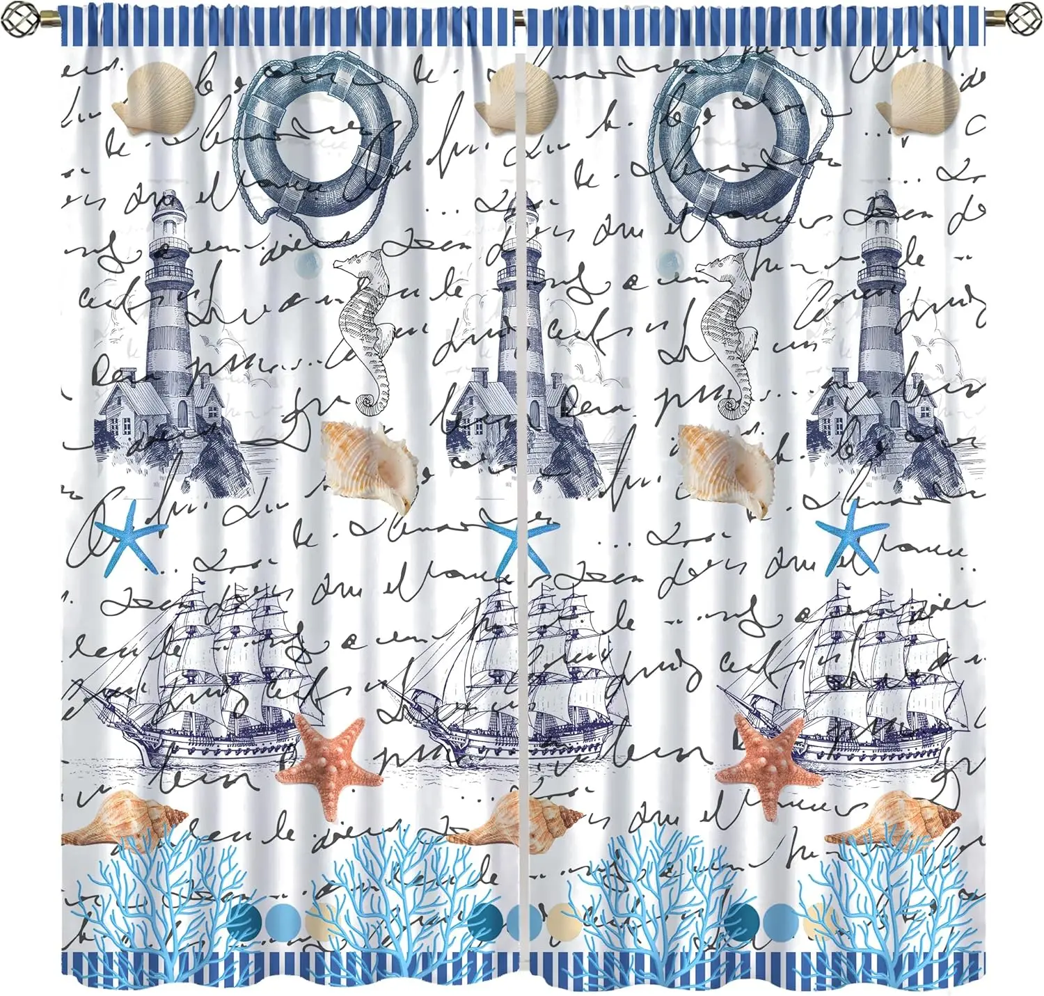 Vintage Nautical Curtains,Ocean Animals Lighthouse Sailboat Coral Starfish Seashells Seahorses Window Treatments Drapes for Kids