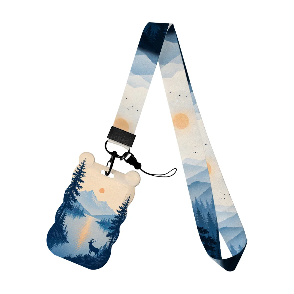 The Sun Rise Mountain Sea Rive Work Card Holder Work Access Name Badge with Keychains Student Id Card Lanyard Holder Accessories