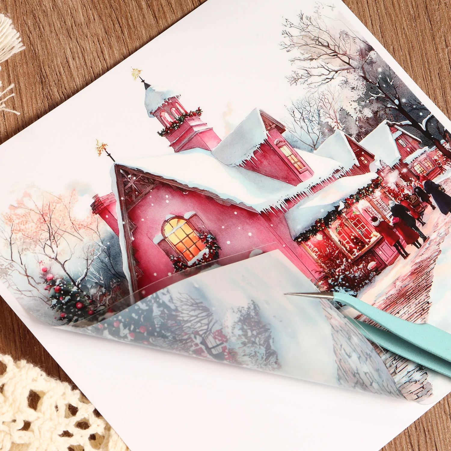 12 Blatt PET-Aquarell-Rosa-Weihnachtshütte, große selbstklebende Aufkleber, für Scrapbooking-Zubehör, Hintergrundaufkleber – Detail 6