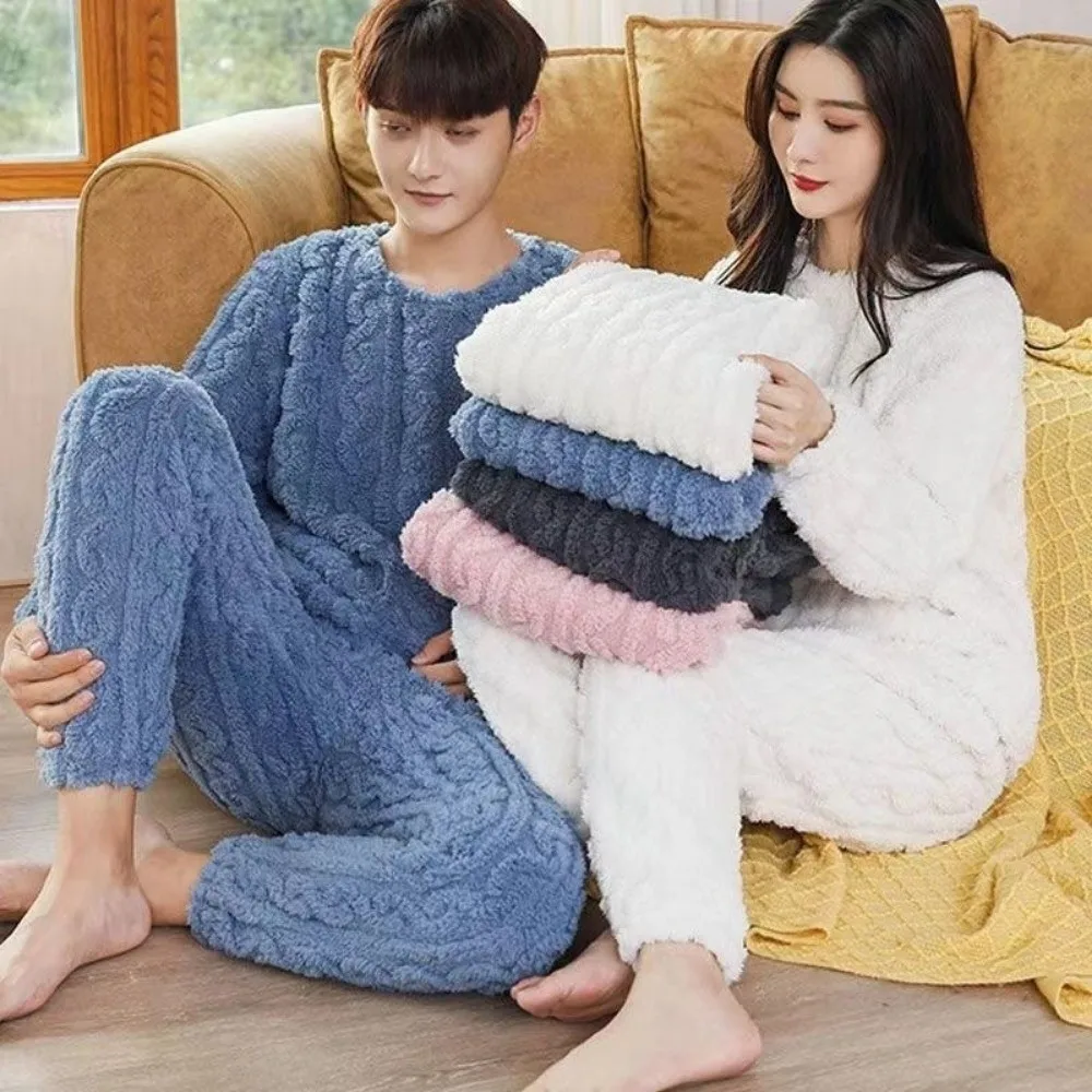 Minimalist Thicken Warm Women Pajama Set Soft Cozy Autumn Winter Velvet Homewear Set Simple Thermal Underwear Set Couple