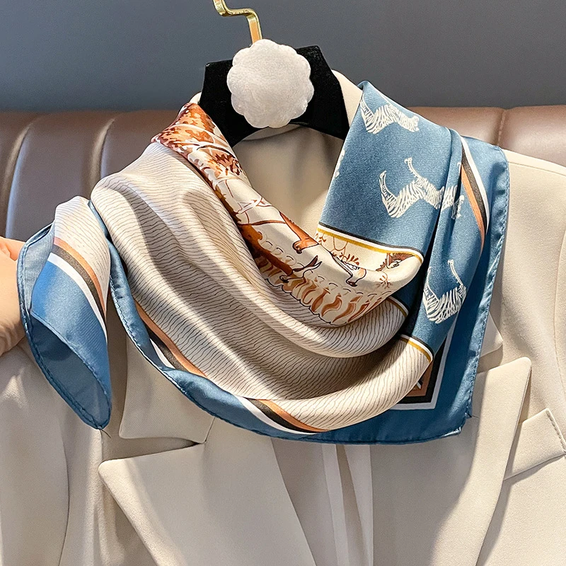 Spring/Summer 70*70cm Square Printing Scarf 2024 New Retro House Wrap  for Women Soft Satin Imitation Silk Neck Scarf