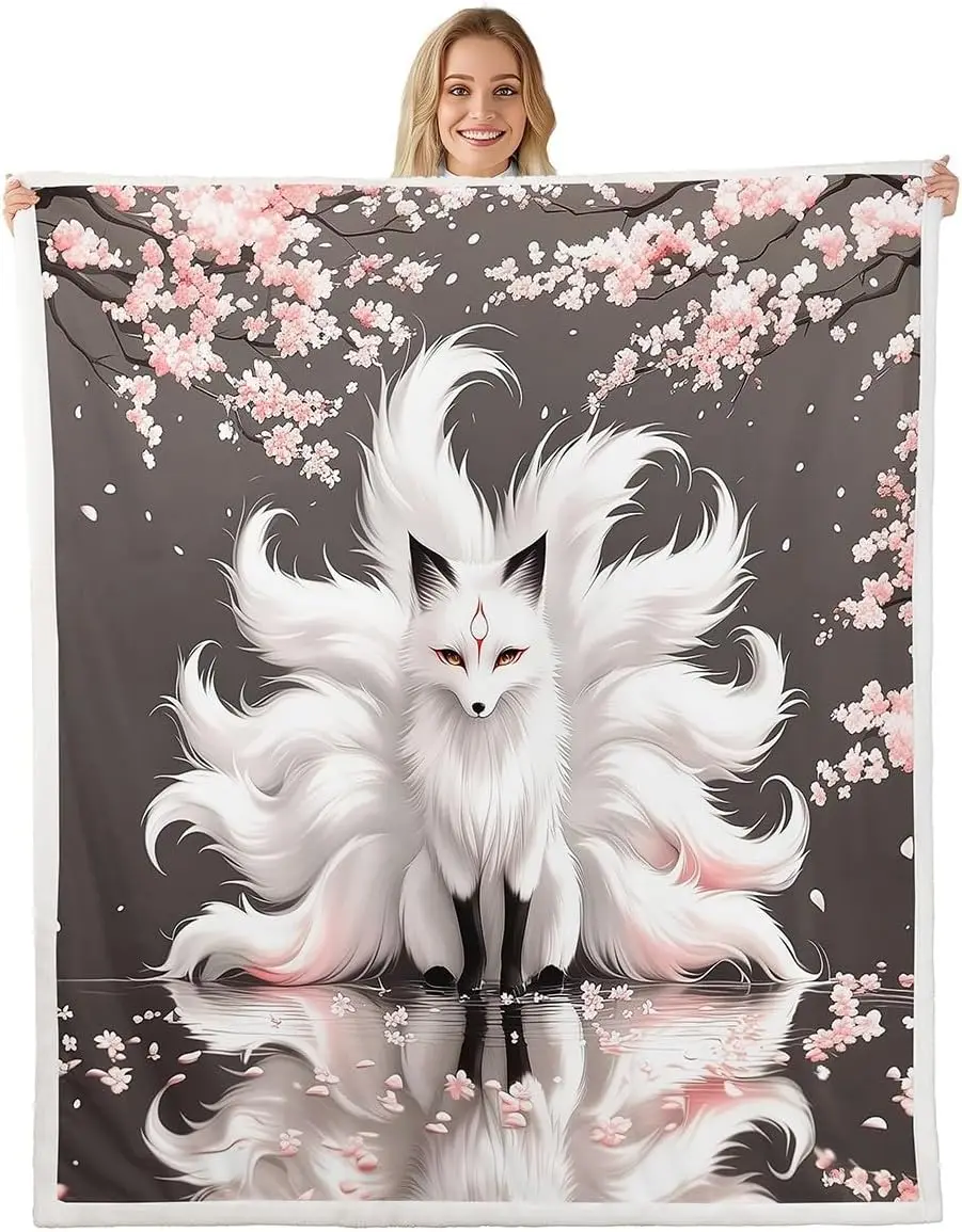 White Nine Tailed Fox Cherry Blossom Reflection Print Flannel Blanket Soft Throw For Sofa Bedroom Indoor Daily Home Decor Gift