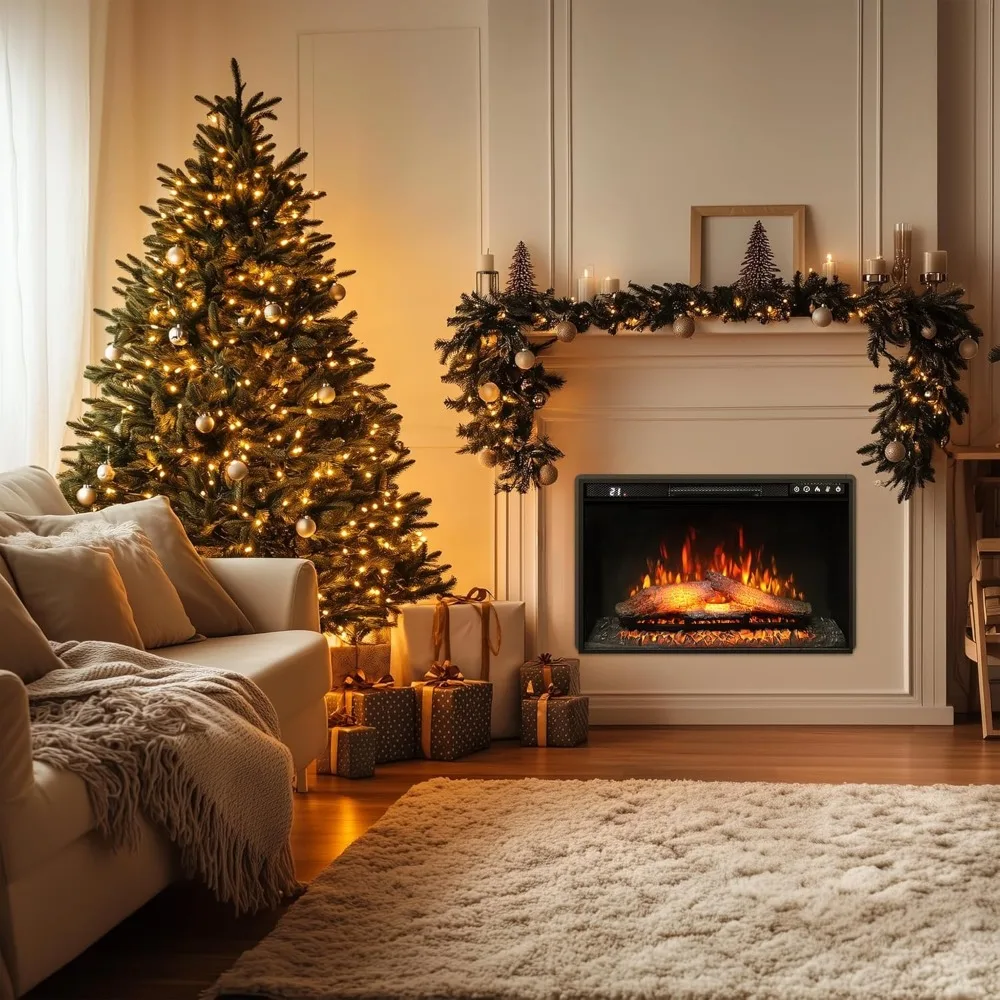 26 Wall-Mounted Electric Fireplace, 1500W Recessed Insert with Remote, Timer, Adjustable Brightness & Speed, Safety Overheat Pro