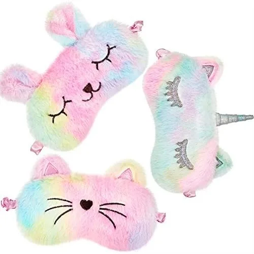 

3 Pcs Plush Sleep Mask for Kids Girls Soft Eye Cover Animal Shade with Adjustable Elastic Rope Rainbow Cat Unicorn Style