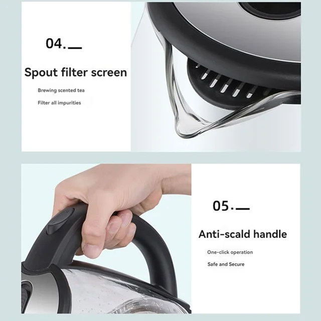 1.8L Electric Water Kettle - 1000W Fast Boil, Clear Borosilicate Glass, Stainless Steel, Filter Spout, Anti-Scald Handle, LED Blue Light, Large Capacity for Family Use 6 1.8L Electric Water Kettle - 1000W Fast Boil, Clear Borosilicate Glass, Stainless Steel, Filter Spout, Anti-Scald Handle, LED Blue Light, Large Capacity for Family Use 6