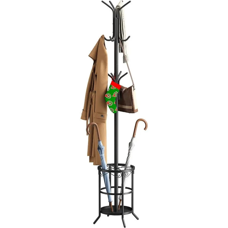 Coat Rack Freestanding with Umbrella Stand Coat Rack Stand with 12 Hooks Metal Coat Tree