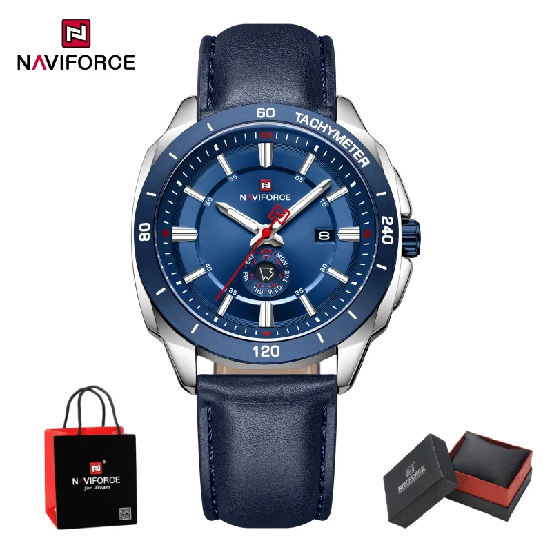 NAVIFORCE Men's Leather Strap Quartz Watch 3ATM Waterproof Luminous Hands Date Week Display Casual Business Male Wristwatch