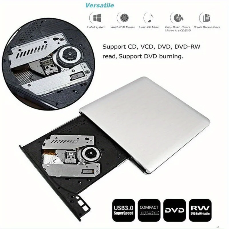 محرك أقراص DVD خارجي مدمج USB 3.0 - توصيل وتشغيل محمول رفيع للغاية (مشغل أقراص مضغوطة/موقد) لأجهزة الكمبيوتر المحمولة/سطح المكتب، أسود/فضي
