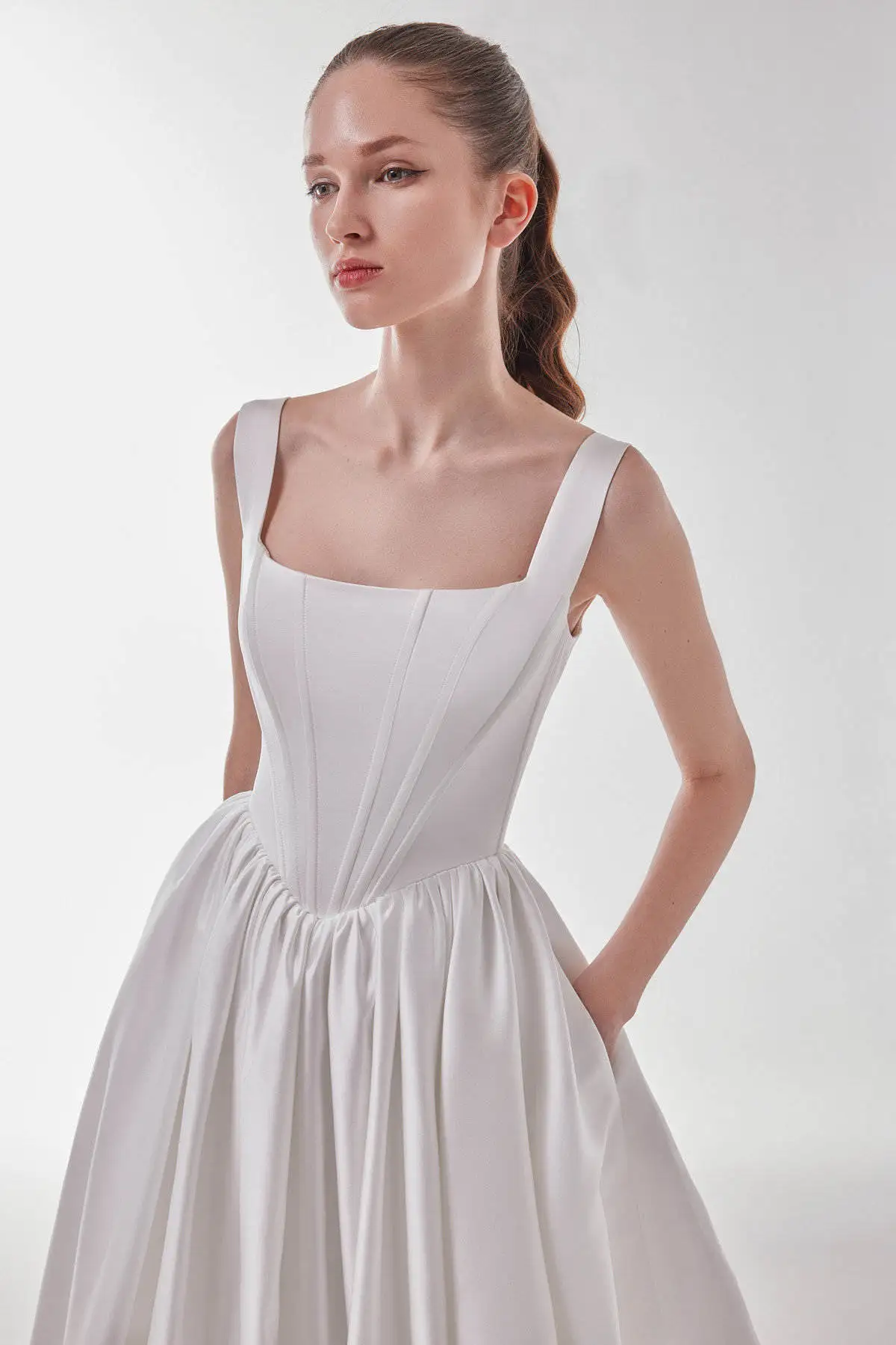 Classic A Line Vestido De Novia Square Collar Strap Wedding Floor Mini Midcalf Length Pleats Sweep Train Satin Bridal Dress