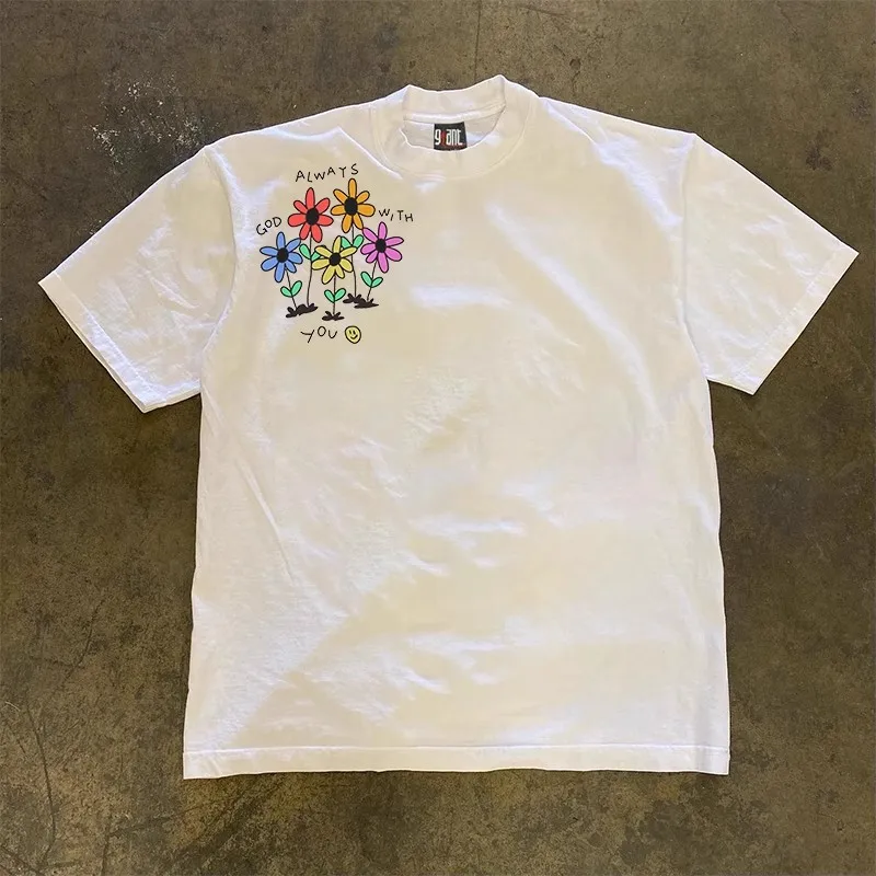 Heavyweight Pure Cotton Short Sleeve T-Shirt  Flower Hong Kong Style Unisex Couple's Shirt 260g Small Chen Story Multi