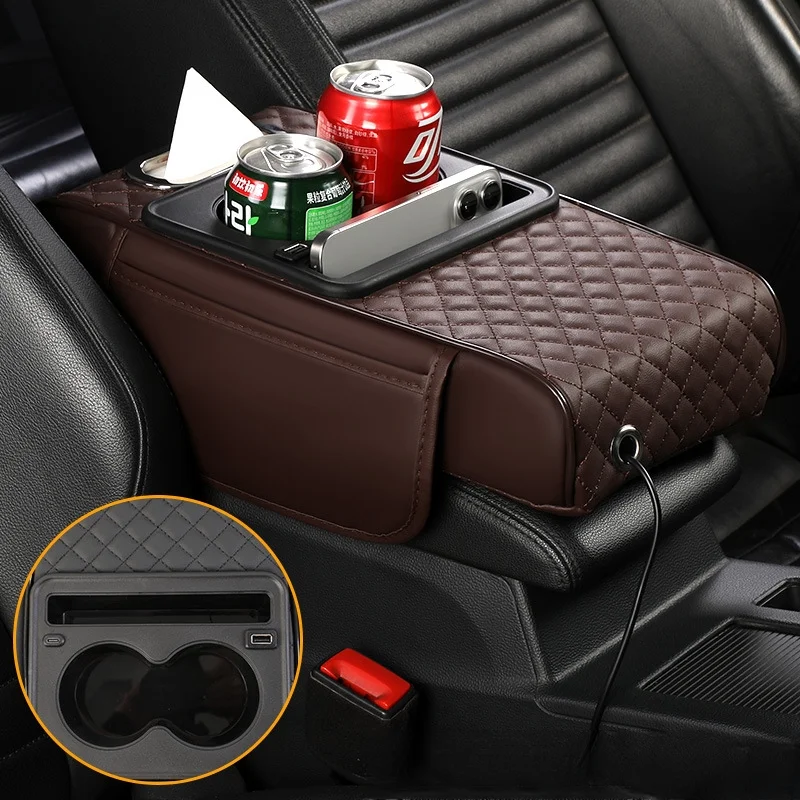 New four-in-one multifunctional car armrest box with height increase pad, cup holder, tissue box, and charging function