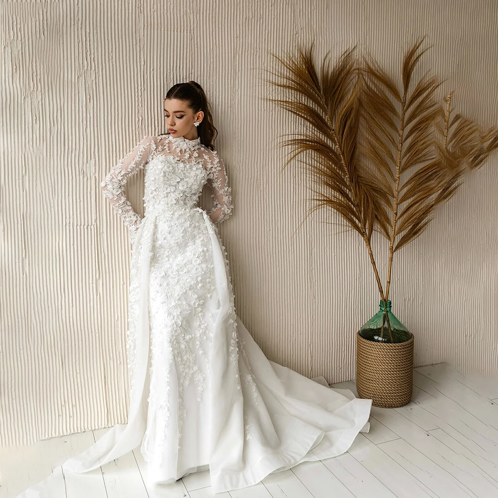 

Exquisite Weddings Dresses High Collar Long Sleeve Mermaid Brides Dress Flower Sweep Train Bridal Gown Customized robe de mariée