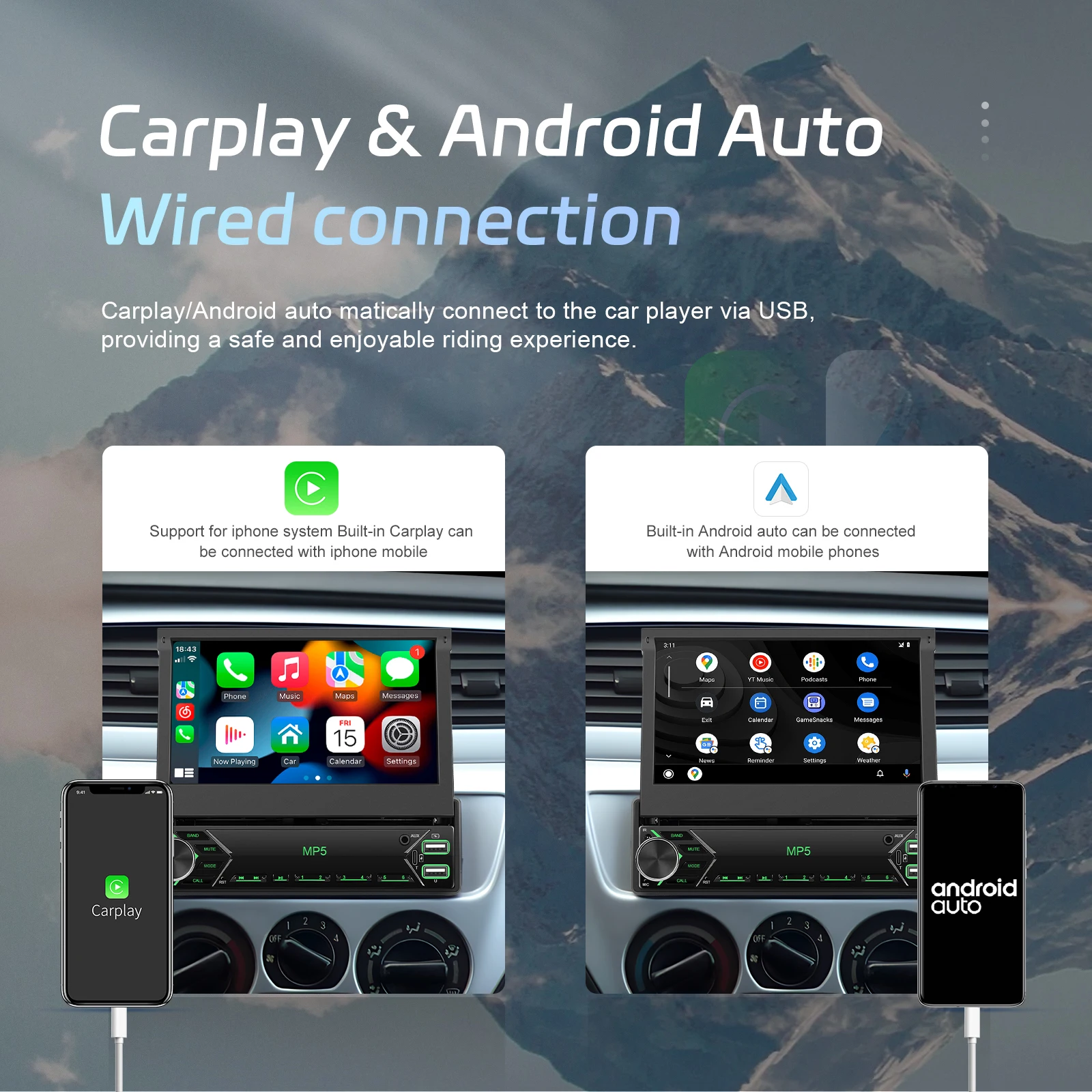 Leekooluu 1 Din Car Radio Wired Android Auto Carplay Universal 7