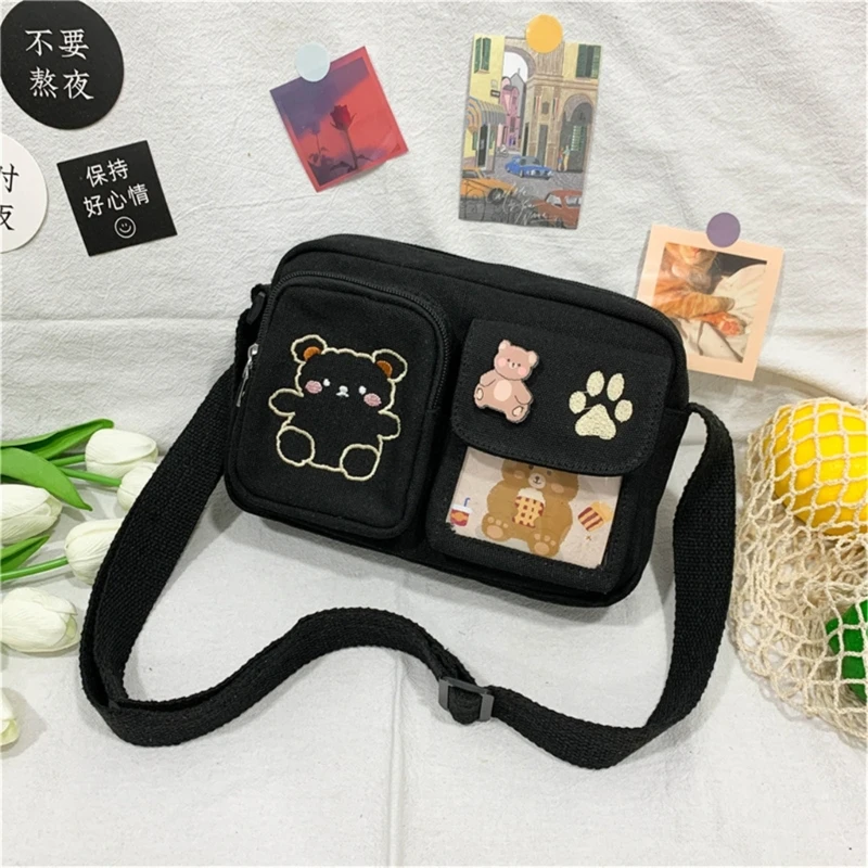 Bear Bordado Crossbody Bag, Bolsa de Ombro Canvas, Elegante Bolsa de Estudante Quadrada para Meninas Adolescentes