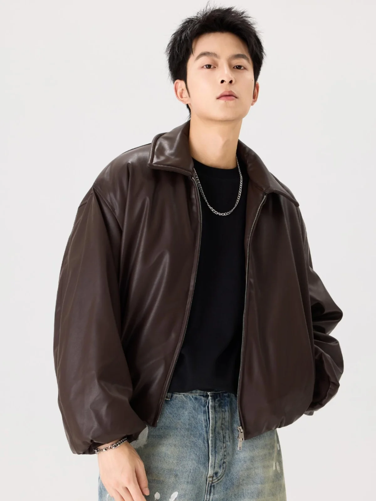 

ort Cotton Jaet Men's American Retro Pu Leather Casual Turn-Down Collar Coat Thiened Winter Outerwear Bread