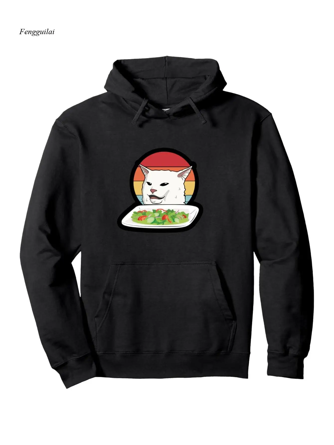 Divertida sudadera con capucha y meme de ensalada de mesa de cena de gato confuso, acogedora sudadera informal de otoño/invierno