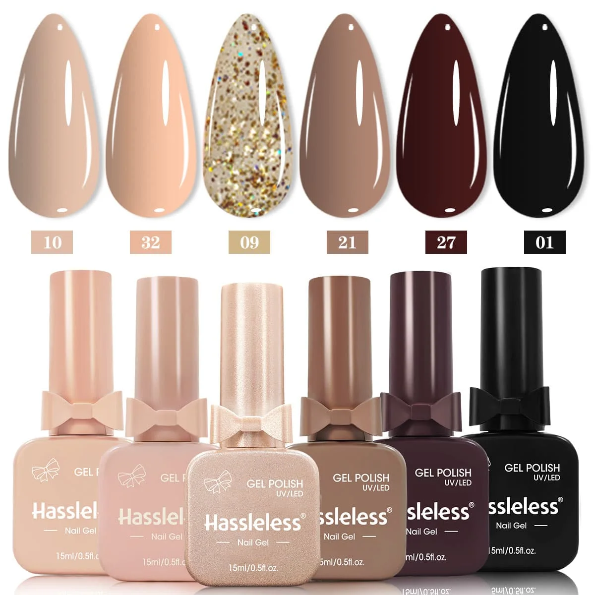 Hassleless 6-piece nail polish set, 15ml large bottle of removable nail polish, versatile color options, mirror-like high gloss, rich and even color, long-lasting and durable, not easy to peel off