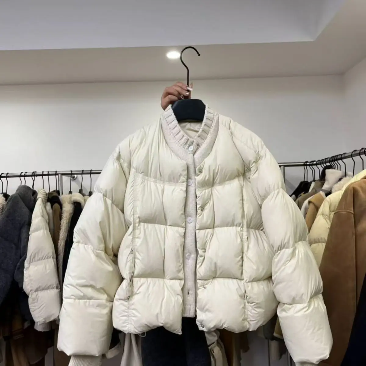 

Thickened Short Knitted Splicing Cotton Jacket Warm Outerwear Women's Autumn Fashion Winter Polo Collar Princess Sleeve Coat