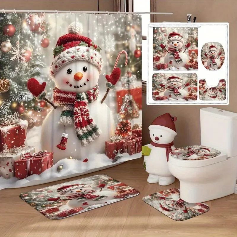 1/3/4pcs of Cute Doll Snowman Shower Curtain Set with Non-slip Carpet, Christmas Gift Decoration, Bathroom Accessor