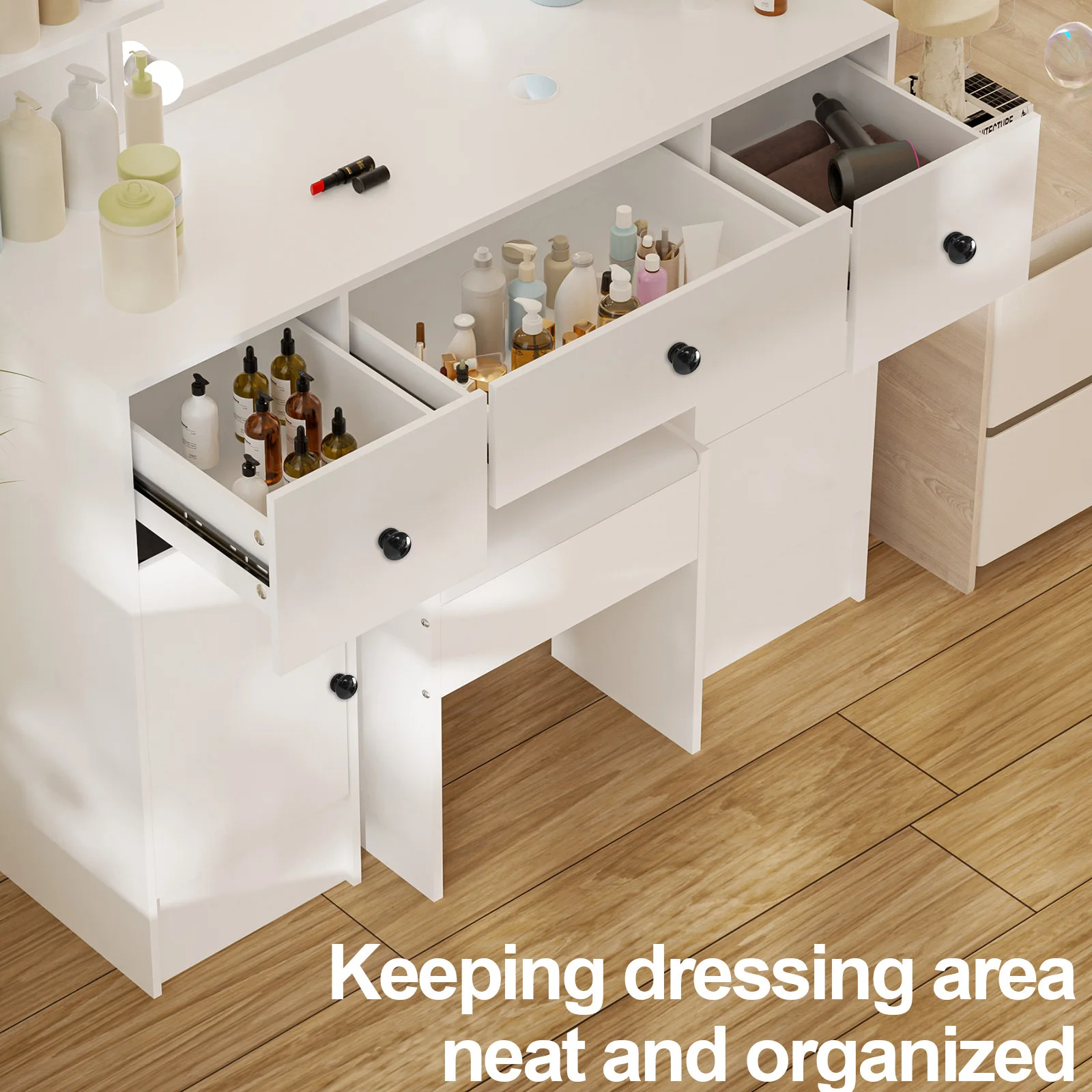Teousev White Modern Vanity Set with 10 LED Lighted Mirror 5 Drawers & Stool 3 Color Dimmable Easy Assembly Bedroom Dressers image 4