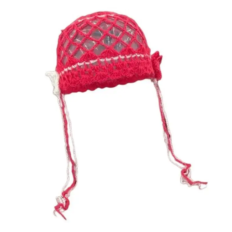 

39BD Popular Butterfly Tieup Brimless Hat for Female Pullover Skull Hat Elegant Knitting Hat Breathable Stretchy Hollowed Caps