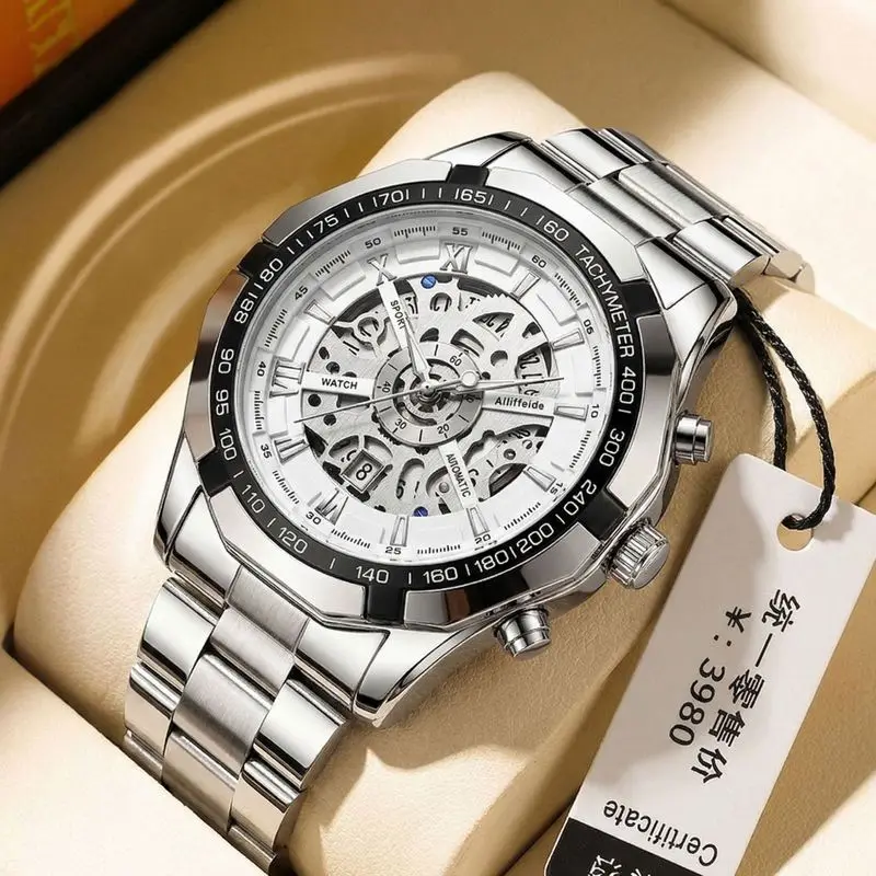 Men's Skeleton Automatic Watch with Large Dial Luminous Hands Date Display Stainless Steel Strap Casual Business Wristwatch