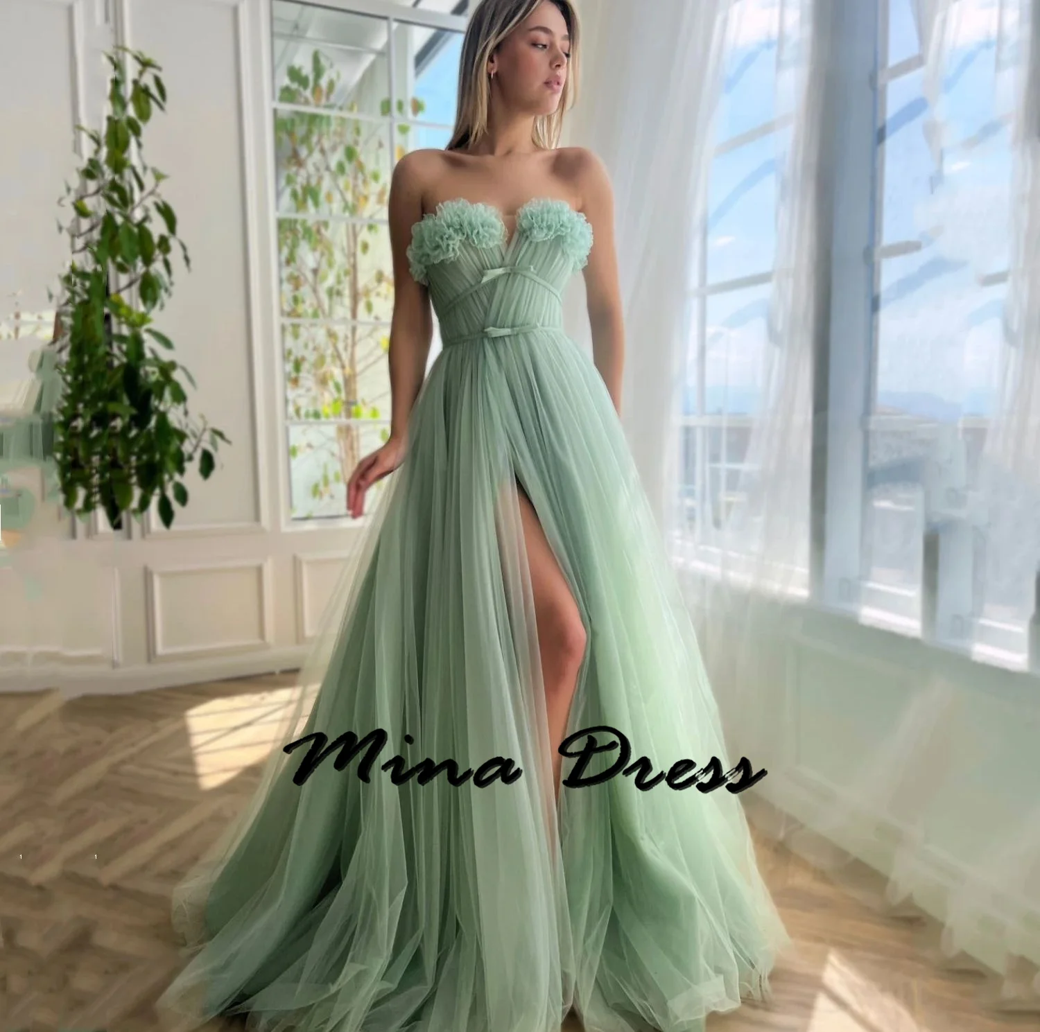 Mina Customized Elegant Evening Dress Woman Luxurious Gala Dresses 2024 Tube Top Off-the-shoulder Tulle A-shaped Side Slits Prom