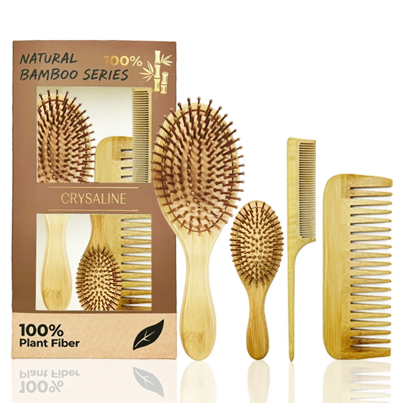 

4-Piece Light Bamboo Oval Cushion Massage Comb Set, Wide Tooth Comb, Pointed Tail Comb for Hair, Family Pack