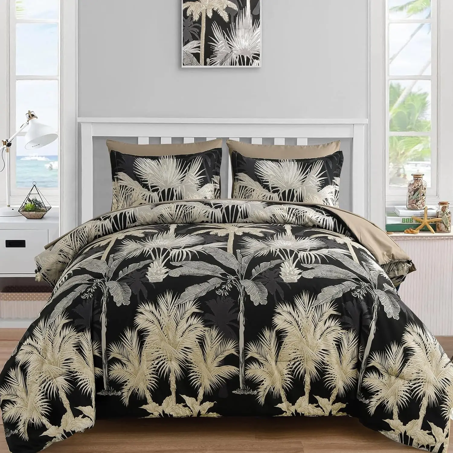 

Botanical Comforter Set Queen, 7 Pieces Tropical Black Palm Tree Bed in a Bag, Soft Microfiber Bedding Set with