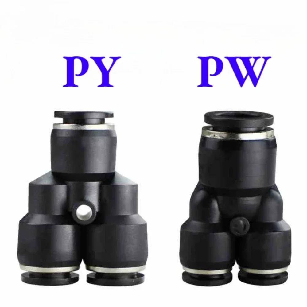 4 6 8 10 12 14 16mm PY PW Black Y-type Three Ways Pneumatic Air Fitting Quick Push To Connect Quick Release Variable 14-12 6-4