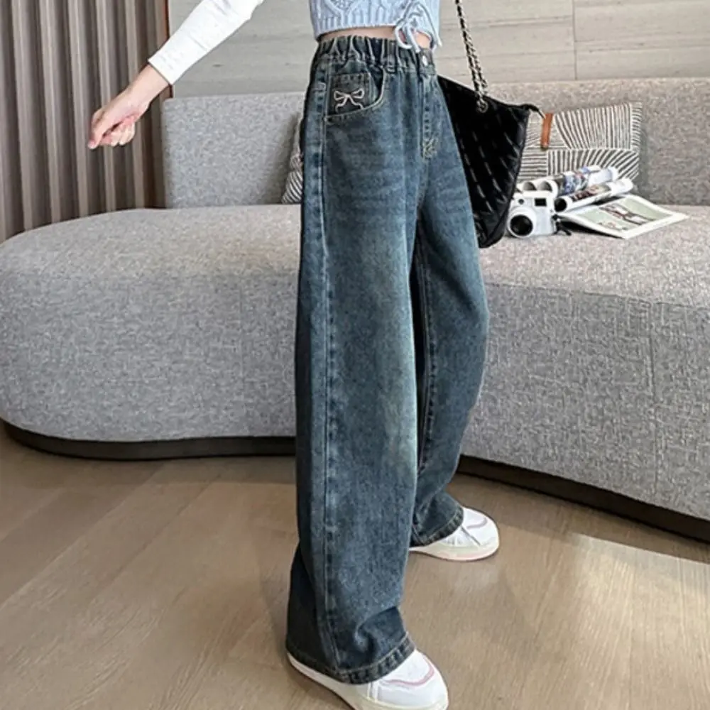 Jean Harajuku à nœud papillon pour enfants, droit, ample, Y2K, jambes larges, taille haute, pantalon en Denim pour petites filles, cadeau pour filles