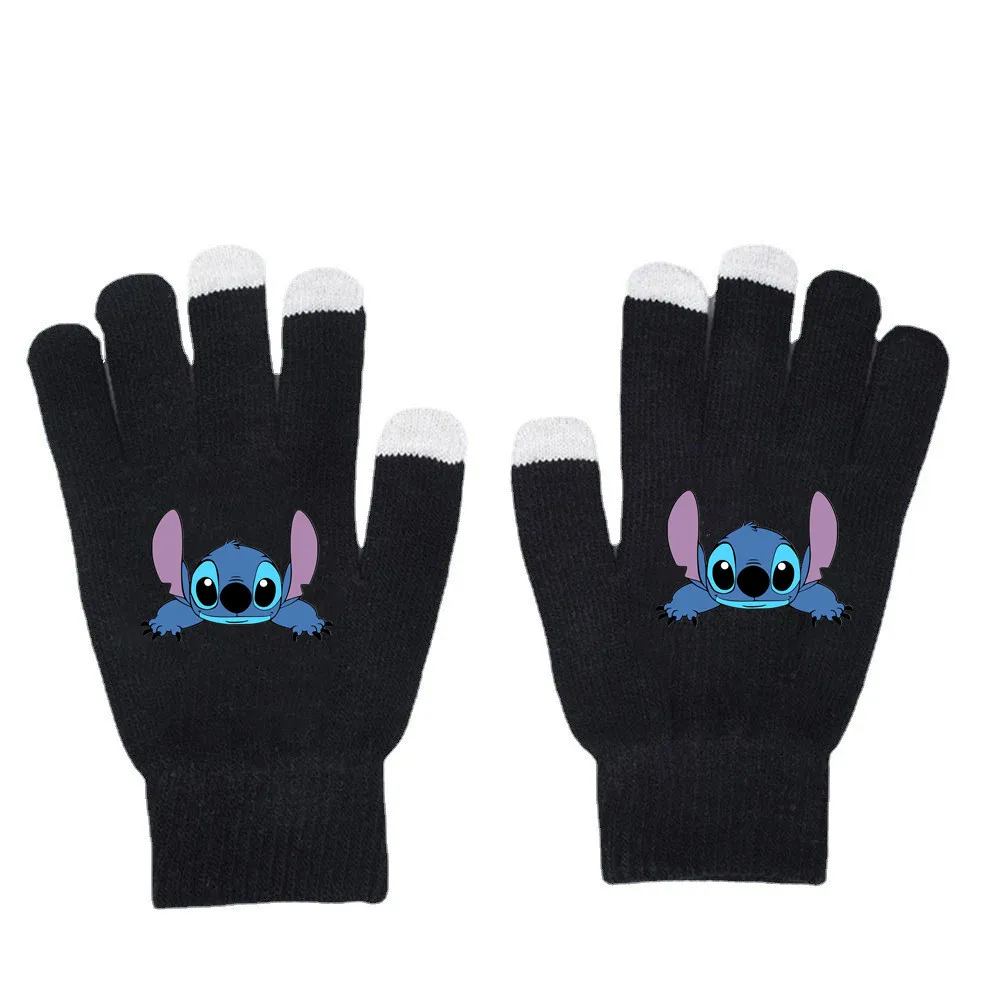 Disney Lilo & Stitch Gloves Cute Cartoon Stitch Fall Knit Winter Warm Touch Screen Gloves Solid Color Printed Black for Gifts