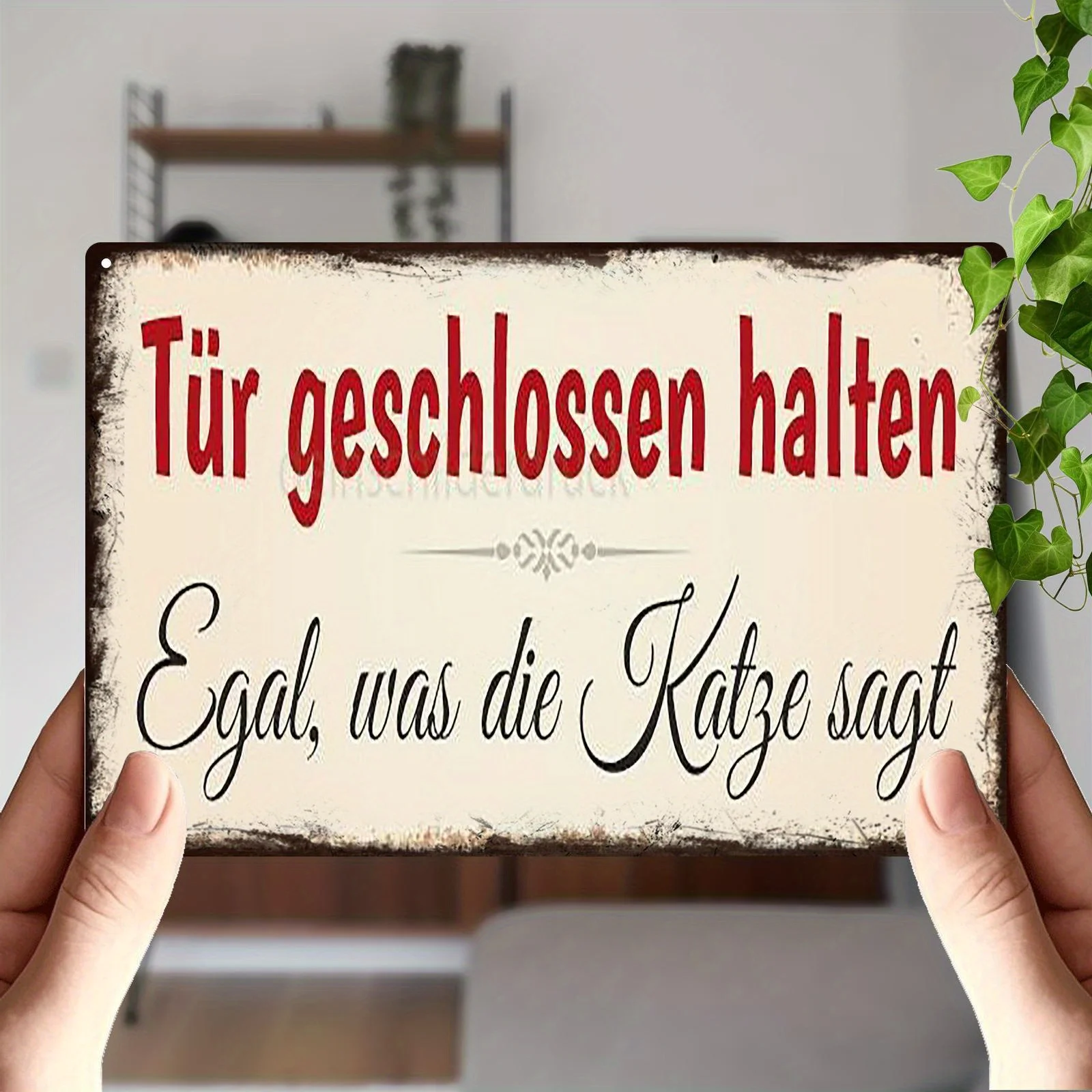 2D Flat Aluminum Poster And Printed Item in Retro Style,'Keep The Door Closed, No Matter What The Cat Says' in German.