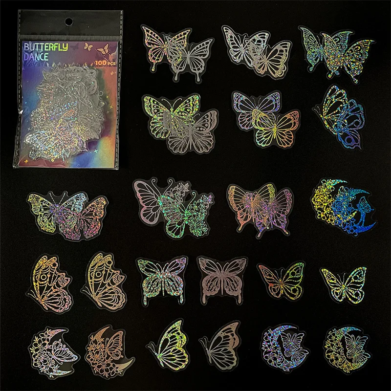 100pcs PET Butterfly Transparent Silver Color Stickers, Holographic Laser Decals for Luggage Laptop Phone Case Mug Decoration