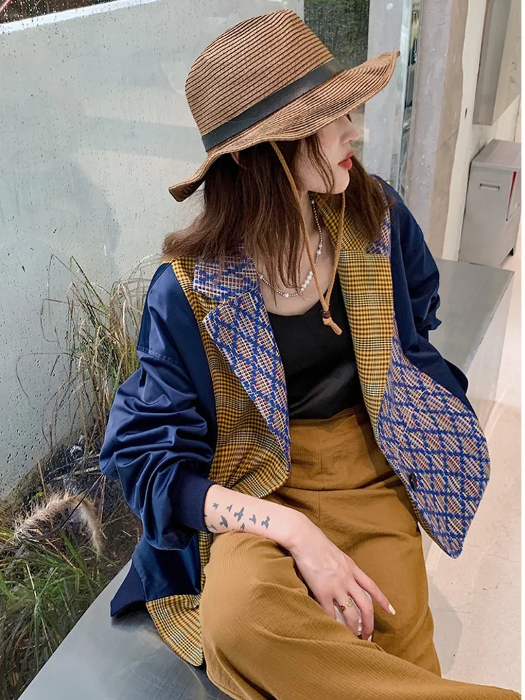 [EWQ] Loose Color Contrast Splicing Single Breasted Blazer Patchwork Suits Jacket Long Sleeve Coat 2024 Spring Fashion Clothing