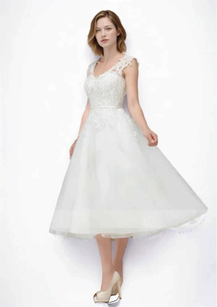 

Sexy Modern A-line Wedding Dress V Neck Tea-Length Sleeveless Satin Tulle Lace Waistband Beach Bridal Gown 2025 Free Customized