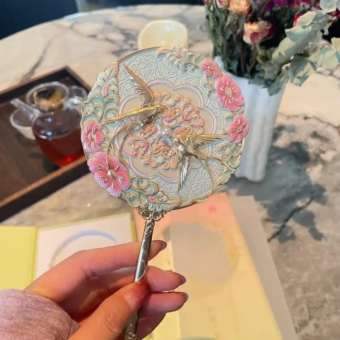 1pc Portable Fashionablepractical Vintage Creative Makeup Mirror Cloud Sparrow Shape Office Makeup Mirror Suit For Friends Gifts