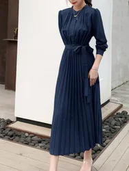 Long Dress New Summer Long Sleeve with Slim Fit Waist Cinching Slimming Tie Up Shirt Collar Elegant Pleated Skirt Vintage Dress