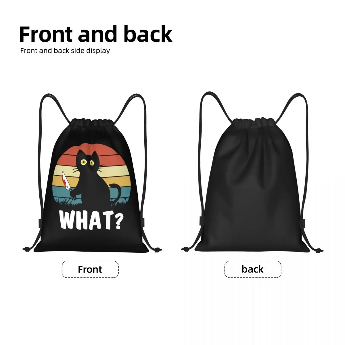 Custom Funny  What Drawstring Bag Lightweight Funny Murderous Cat Holding Knife Halloween Sports Gym Storage Backpack