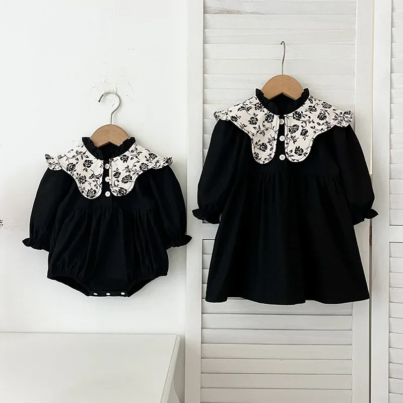 Korean Sisters Dress Spring Autumn Baby Girls Retro Bodysuit Girls' Floral Big Lapel Puff Sleeve Dress Cute Toddler One Piece