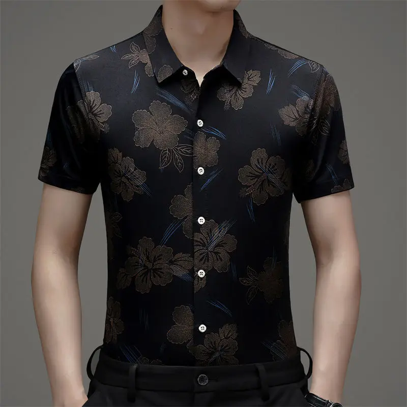 Summer Men\'s Clothing Short Sleeve Button Turn-down Collar Printing Plant&Flowers Contrast Color Cardigan Shirt Vintage Tops