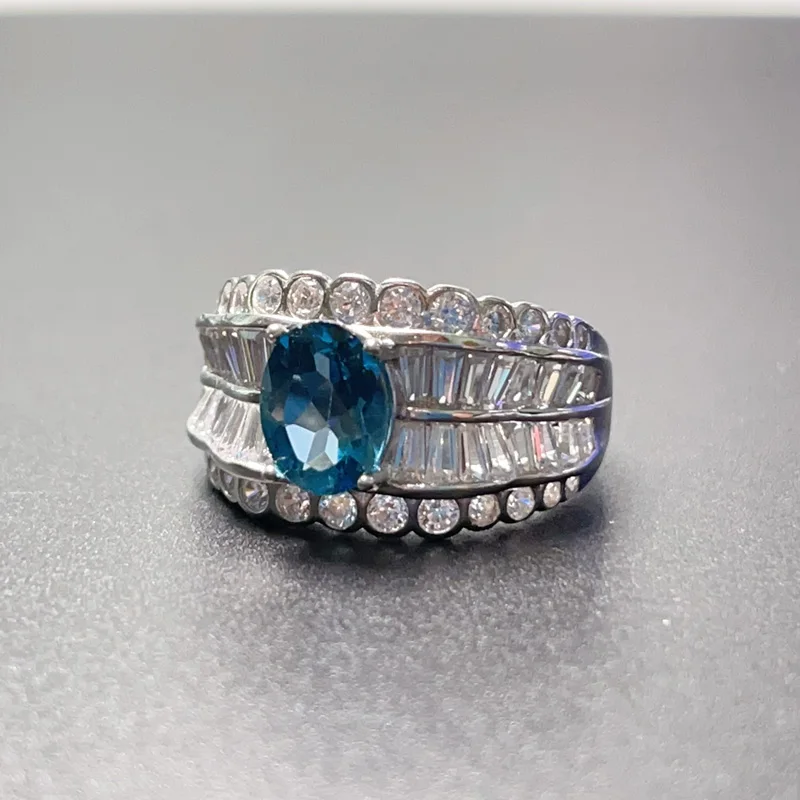 Deep Blue Topaz Silver Ring for Party 6mm*8mm 1ct Natural London Blue Topaz Ring with Gold Plating Woman Birthday Gift