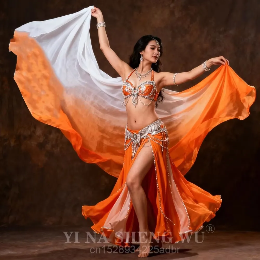 100% xale de seda para dança do ventre xales dança do ventre lenços de véu de seda rosto personalizado lenço lançado cor gradiente branco laranja