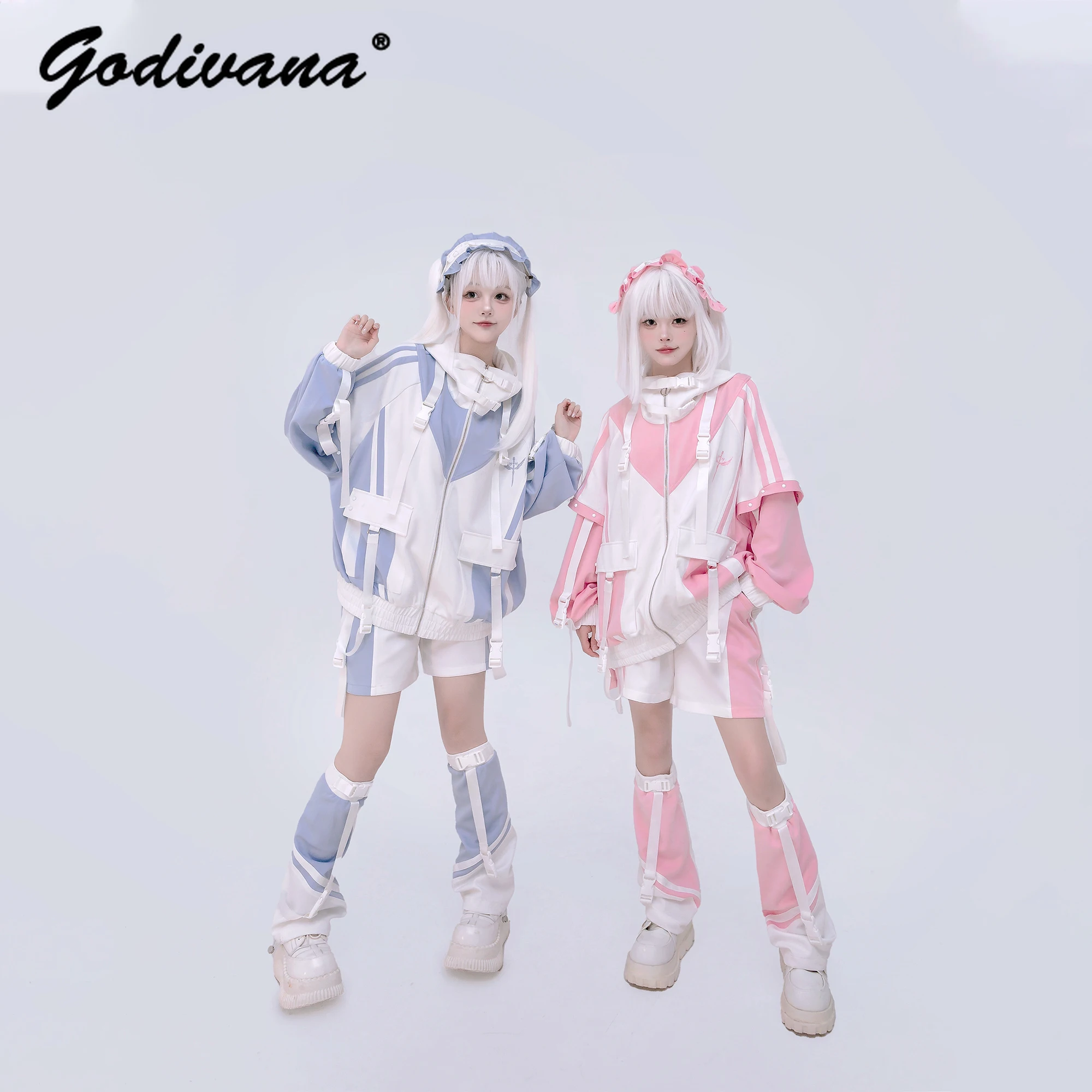 Japanese Mine New Original Y2K Sport Suit Female Girls Cool Color Patchwork Oversized Jacket Shorts and Pants Set Autumn Outfits