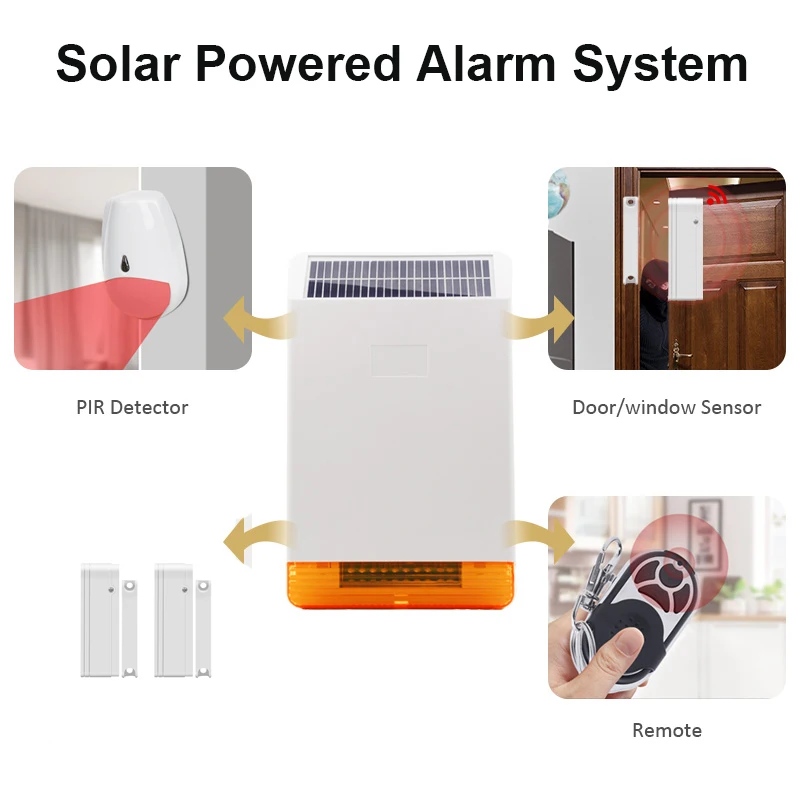 

433MHz Solar Powered Siren Alarm Waterproof Flash and Sound Strobe Two Way Smart Linkage Anti-pet PIR Motion Sensor Door Sensor