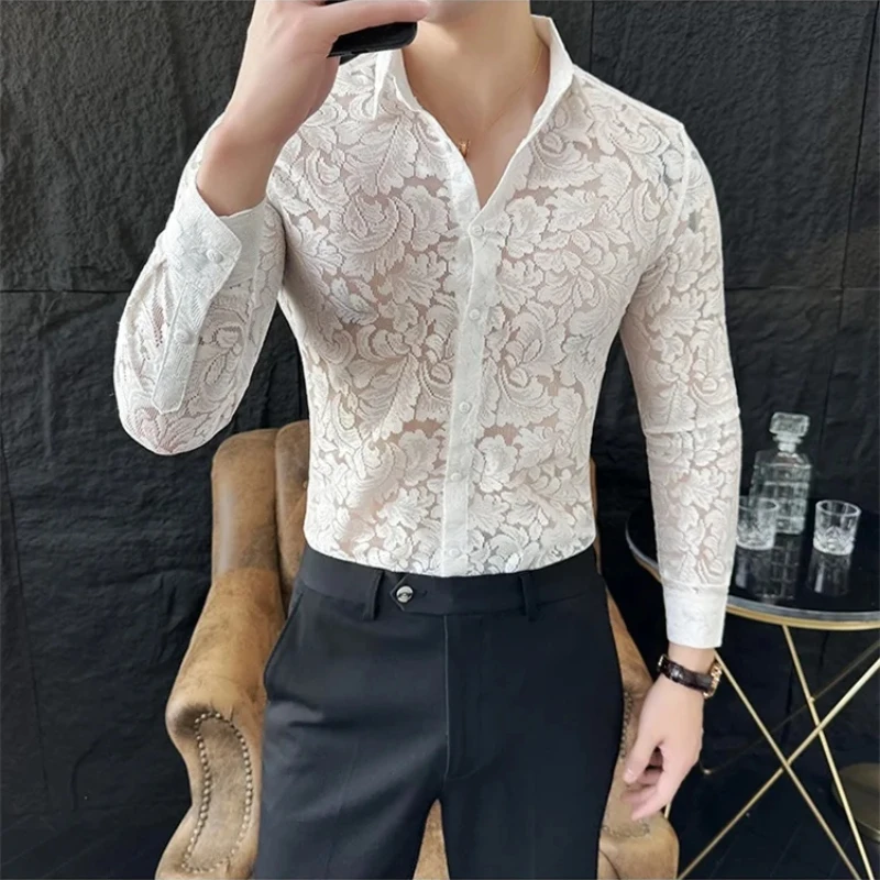 

Sexy Mesh See Through Flower Lace Sheer Shirt for Men Long Sleeve Casual Shirts Social Party Tuxedo Nightclub Event Prom Shirts