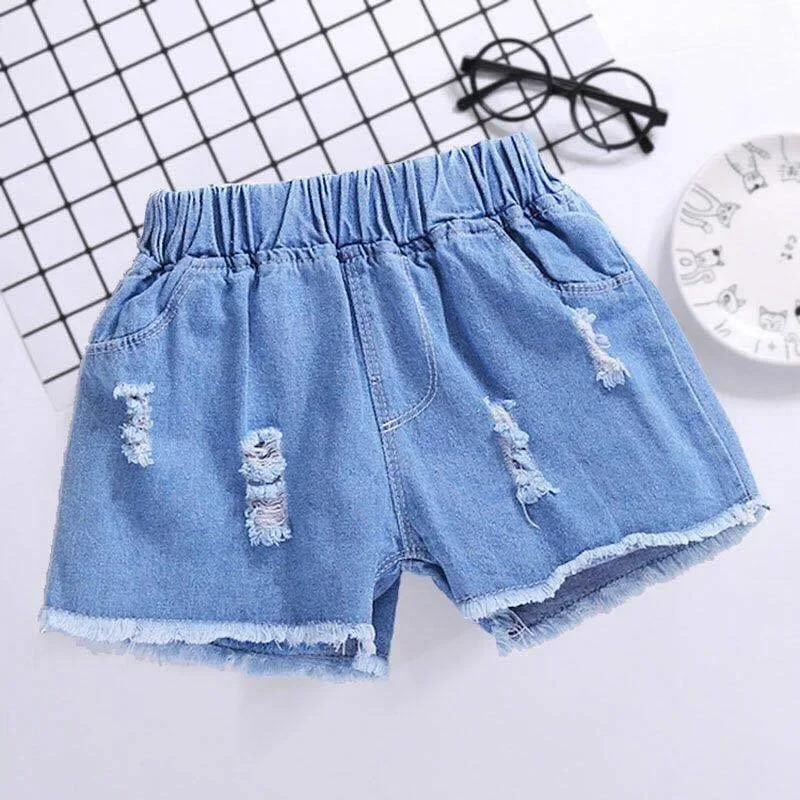 Breathable Girls Denim Shorts Summer Children's Pop Holes 2024 New Korean Version of Fashion Denim Hot Pants