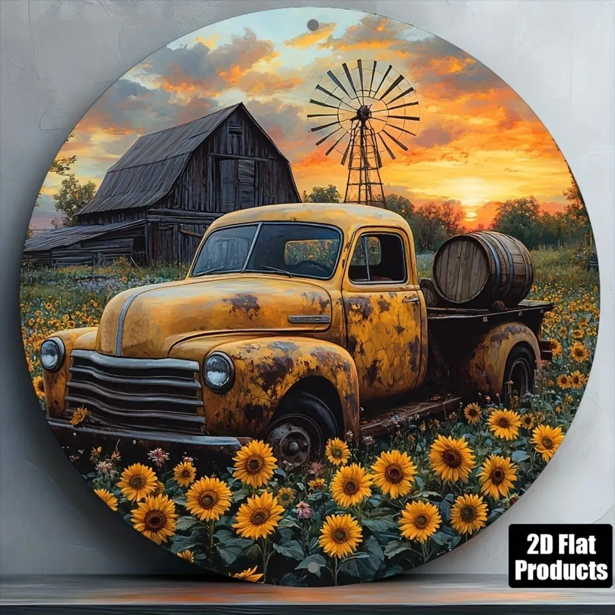 Merecy Décoration Murale Métallique Rétro Camion Tournesol, Panneau Rond en Aluminium Jaune pour Bar à Domicile