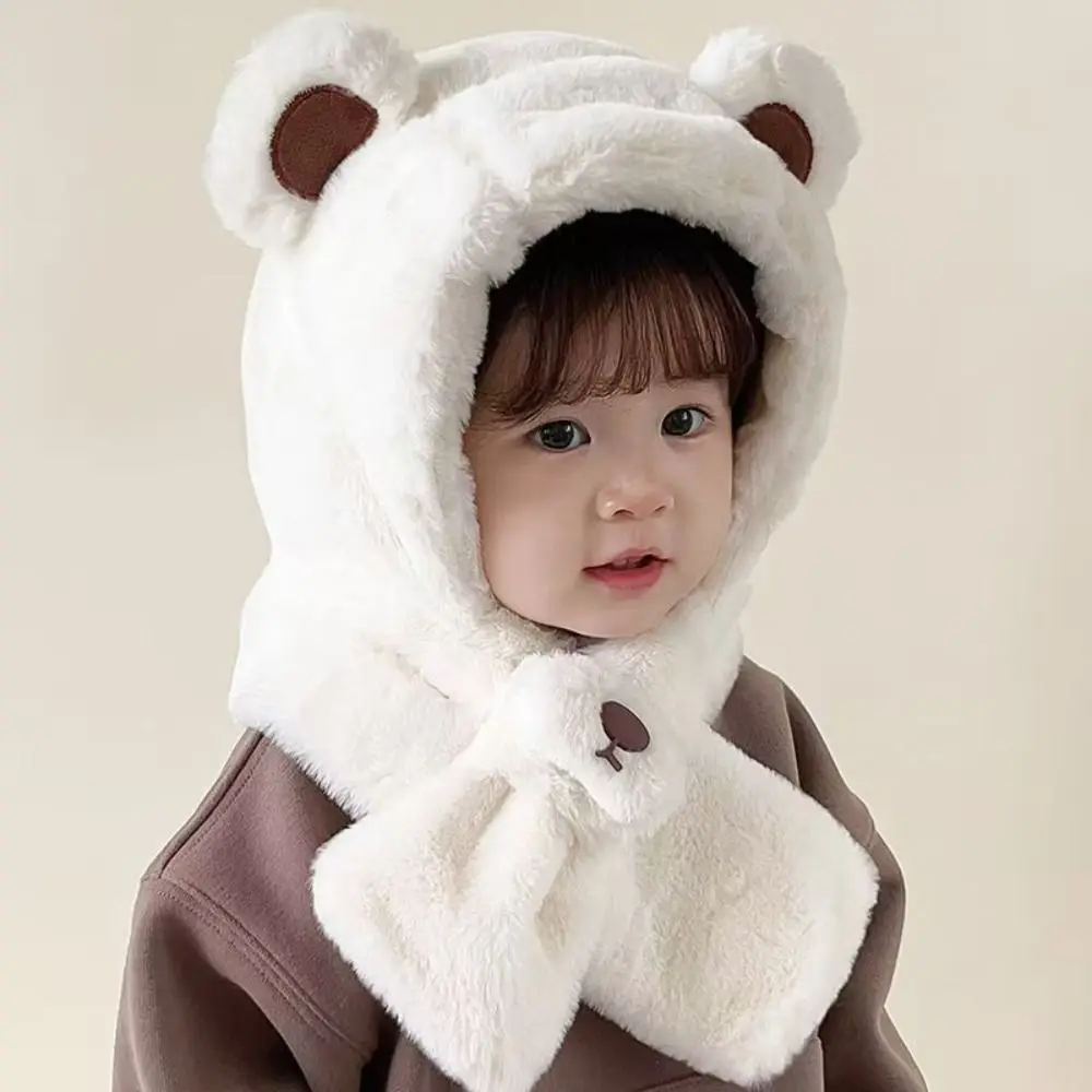 Cute One-Piece Winter Baby Hat Scarf Windproof Plush Kids Hat Hooded Scarf Neck Protection Thick Warm Infant Beanies Cap